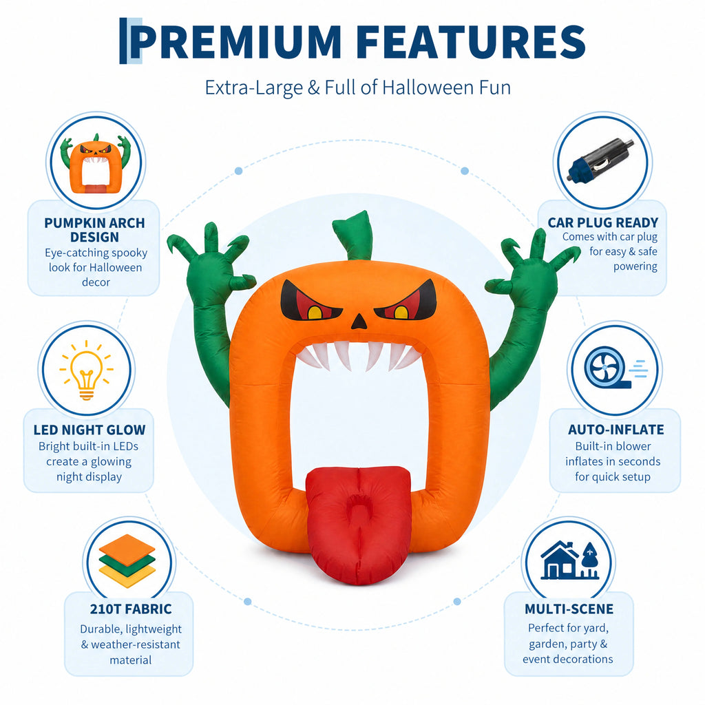 6 FT Inflatable Halloween Pumpkin Arch with LED Lights Self Inflating Outdoor Yard and Trunk or Treat Decoration 210T Polyester 12V Plug Spooky Holiday Party Lawn Garden Night Display Props Pet and Home Outlet