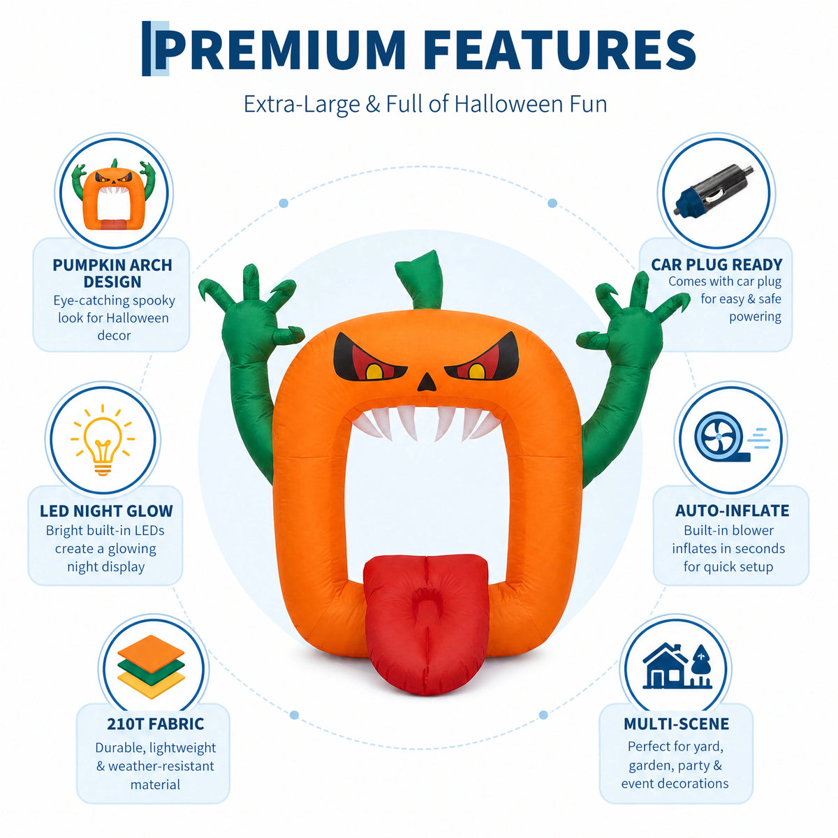6 FT Inflatable Halloween Pumpkin Arch with LED Lights Self Inflating Outdoor Yard and Trunk or Treat Decoration 210T Polyester 12V Plug Spooky Holiday Party Lawn Garden Night Display Props Pet and Home Outlet