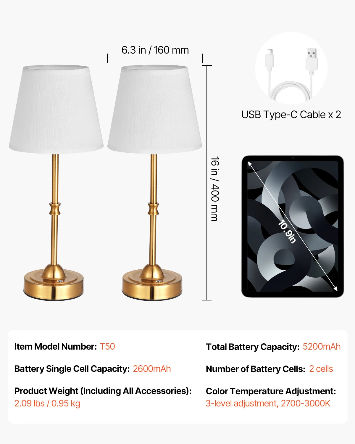 SucceBuy Cordless Table Lamp With 5200mAh Battery 3 Brightness Levels