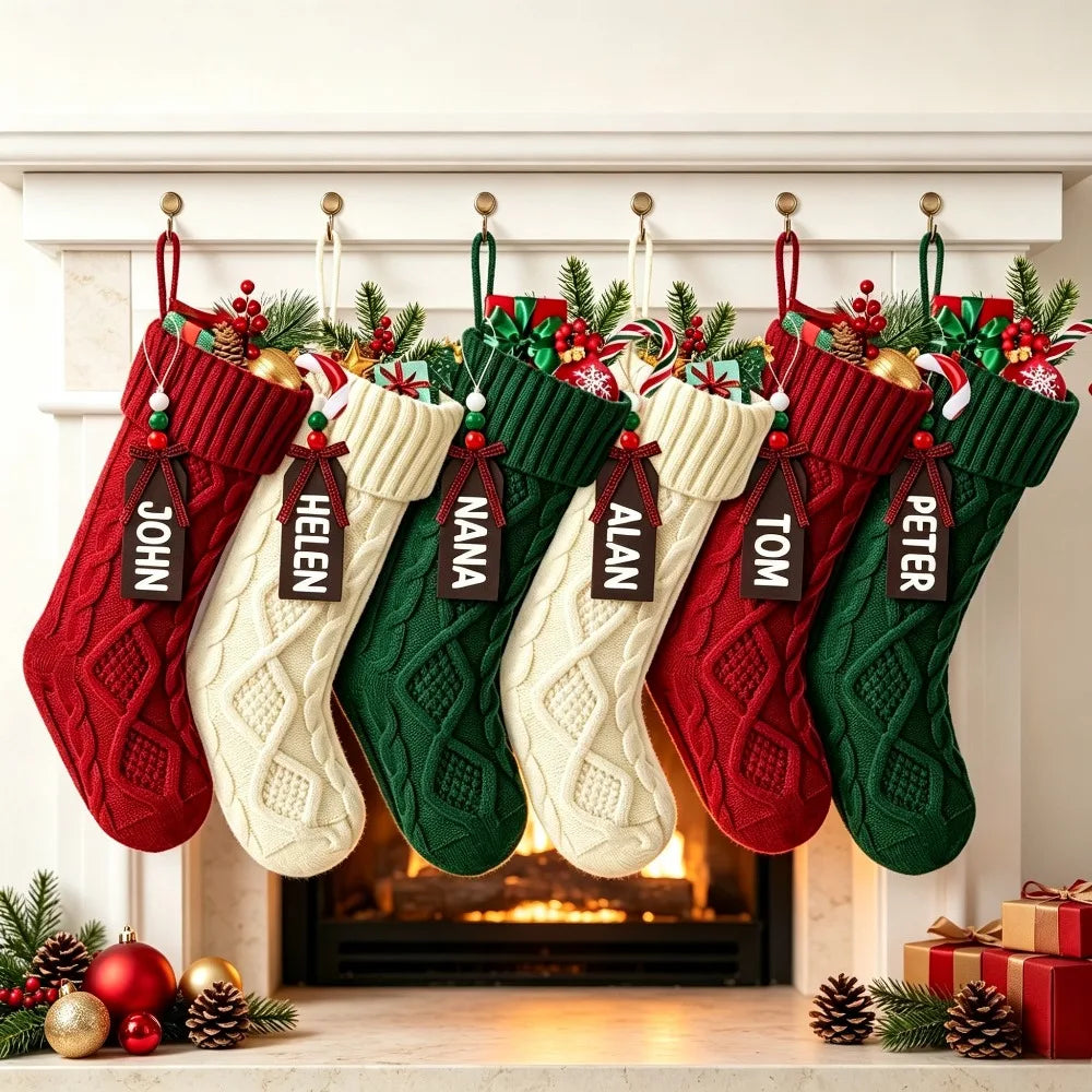 6 Pack Christmas Stockings, Personalized Cable Knit Christmas Stocking with Wooden Name Tag, Family Hanging Xmas Stocking for Fireplace Mantel Indoor Holiday Party Decoration Pet and Home Outlet