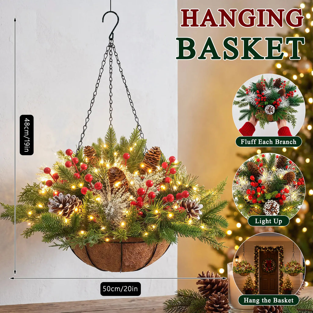 Artificial Christmas Hanging Basket With LED String Lights Pre-Lit Christmas Hanging Plant Basket Artificial Flowers Decor for Front Door Garden And Party Pet and Home Outlet