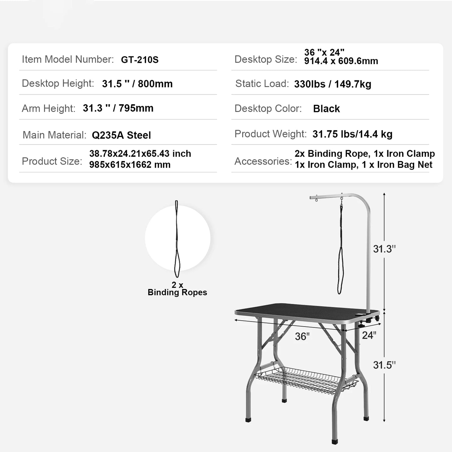 Foldable Pet Grooming Table Stainless Steel Two Arms With Loop