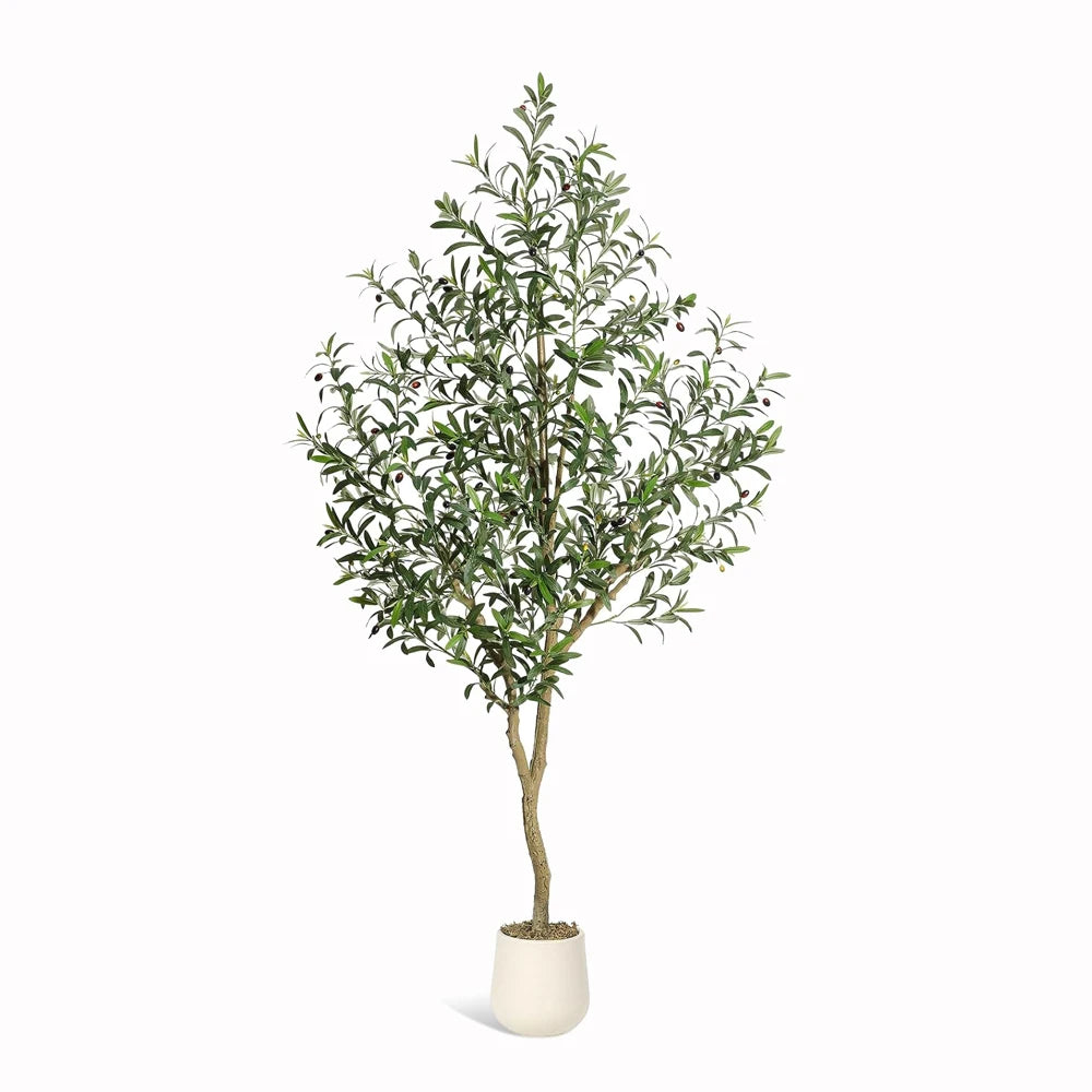 Olive Trees Artificial Indoor, 5-7ft Tall Faux Silk Plant - Fake Potted Tree with White Planter, Artificial Plants for Home Offi Pet and Home Outlet