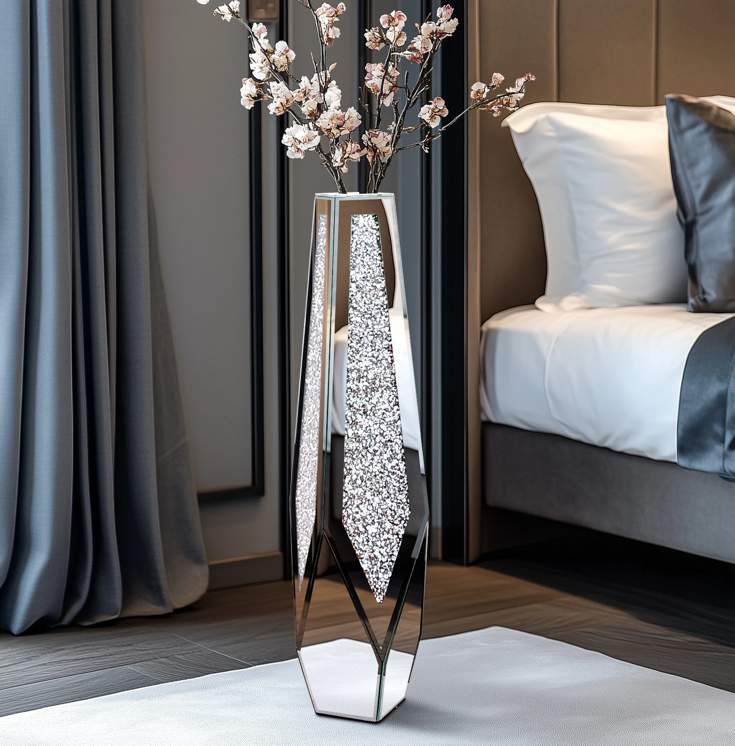 Crushed Diamond Mirrored Floor Vase Silver Floral Arrangement