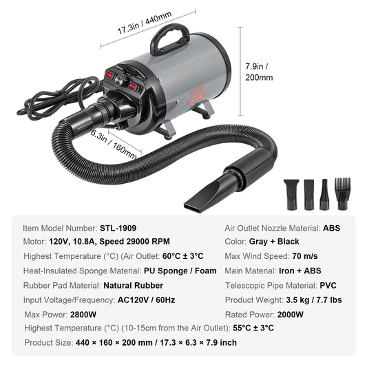SucceBuy Dog Hair Dryer With Adjustable Speed Four Nozzles