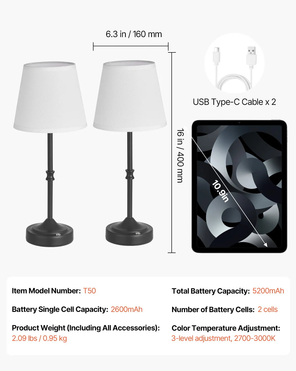 SucceBuy Cordless Table Lamp With 5200mAh Battery 3 Brightness Levels