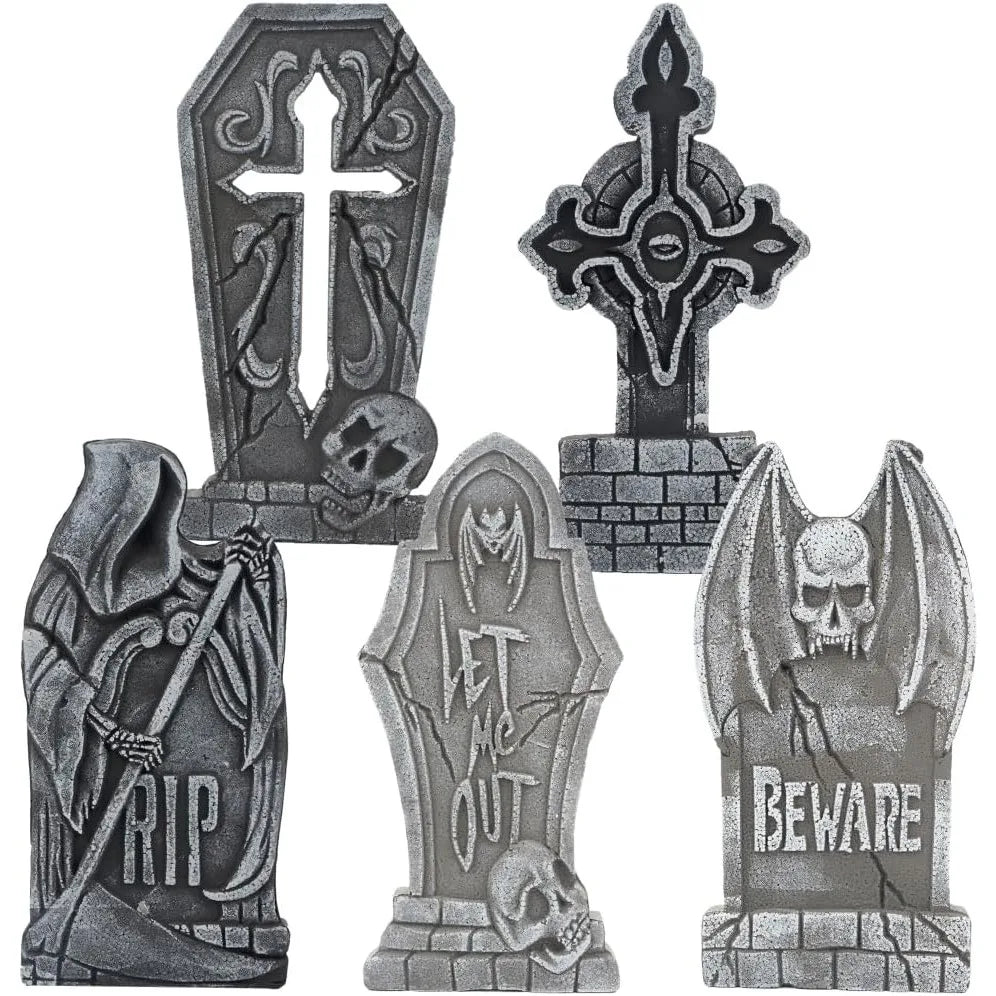 17" Halloween Decorations Outdoor Tombstones 5 Pack Halloween Graveyard Foam Headstones Decor with 12 Metal Stakes for Prop Cemetery Yard Lawn Decorations, Party Supplies Pet and Home Outlet