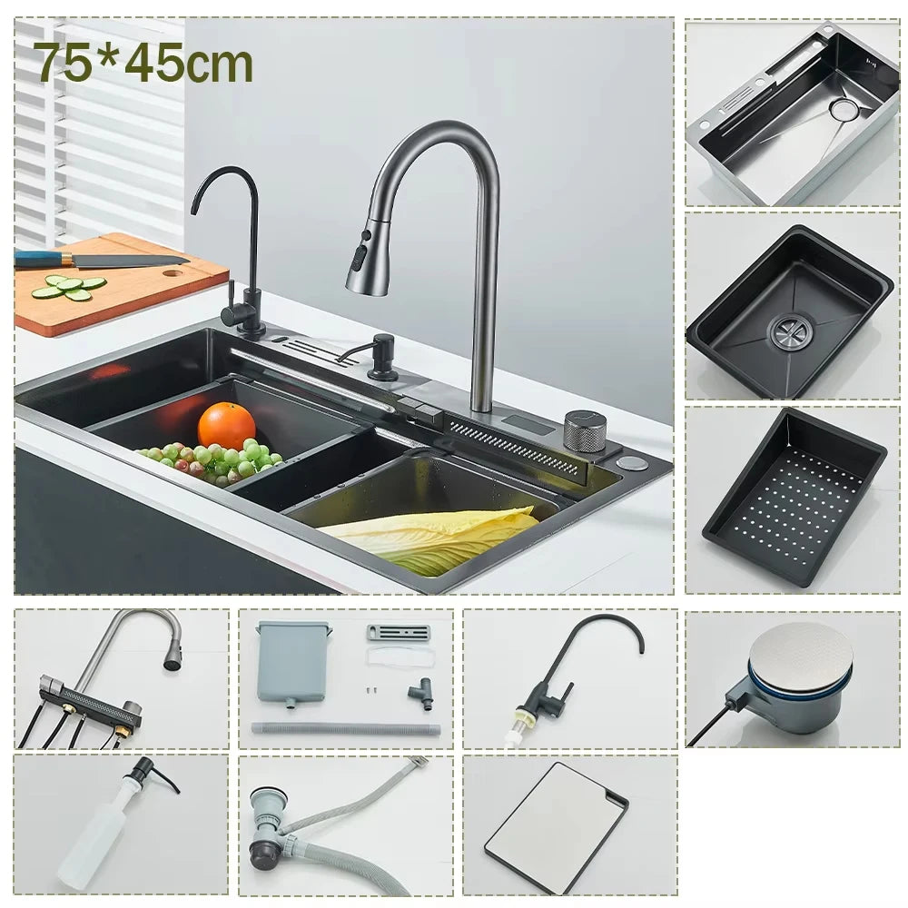 304 Stainless Steel Kitchen Waterfall Sink With Digital Display Faucet