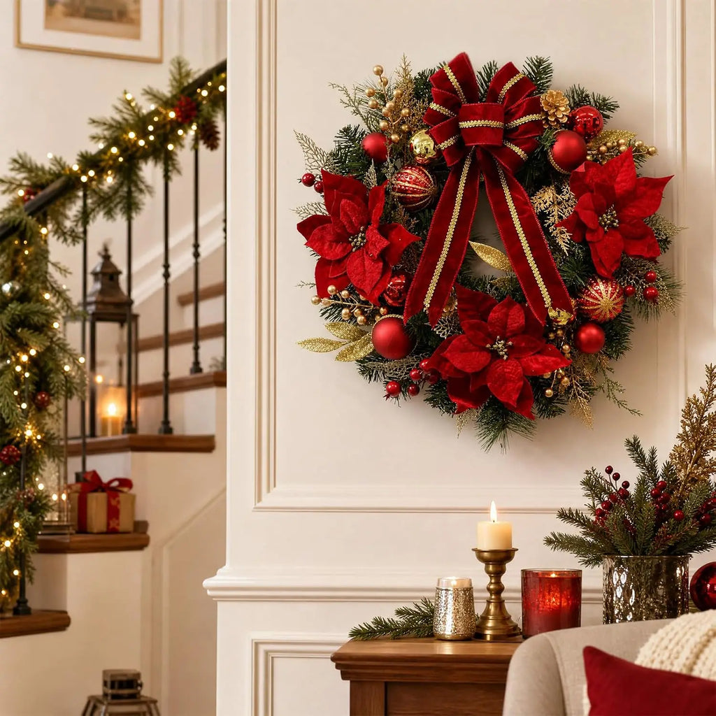 Garvee 24inch Christmas Wreath for Front Door with 20 LED Lights Holiday Wreath Artificial Velvet Bow Hanger for Fireplace Wall Indoor Outdoor Decor Pet and Home Outlet