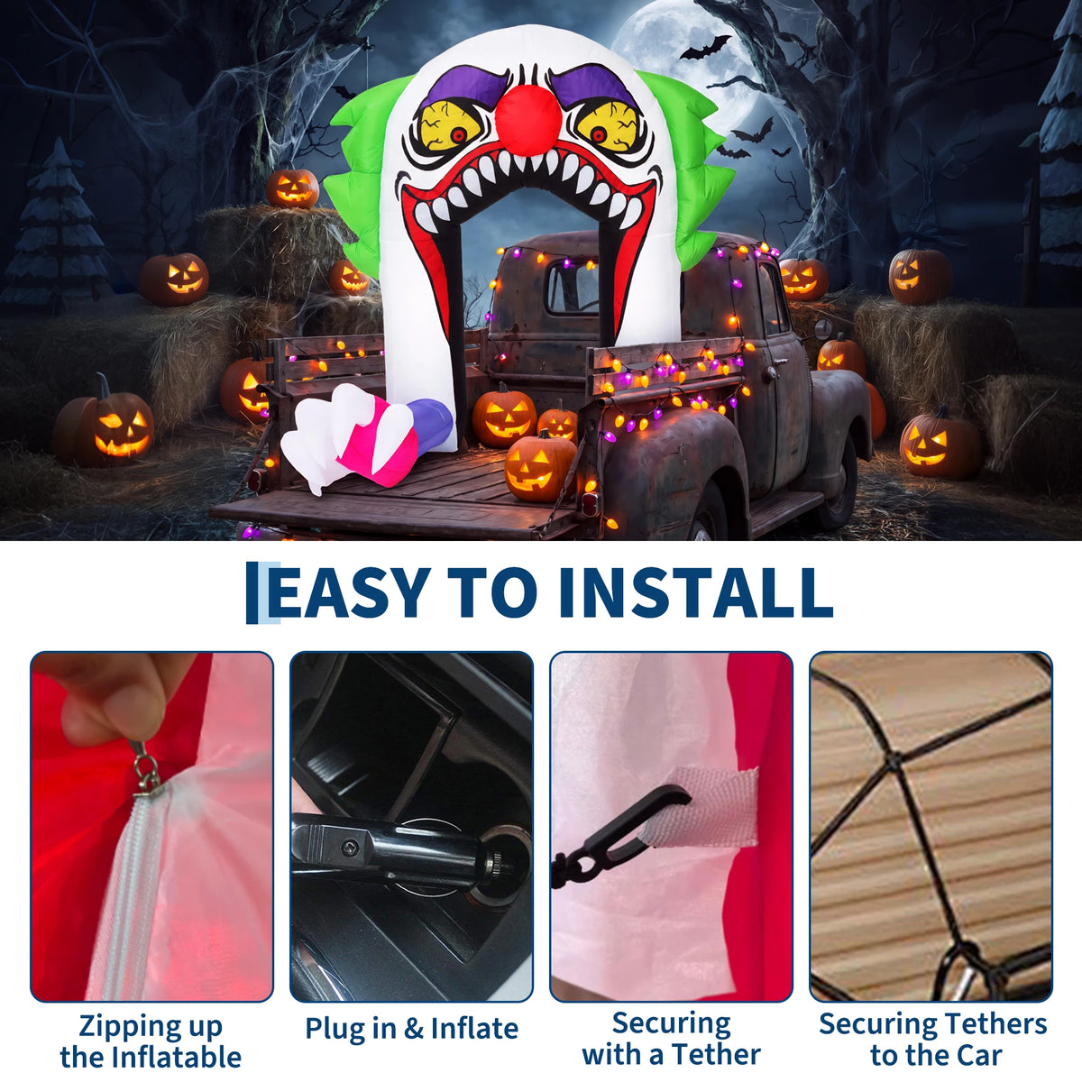 180cm LED Light Up Inflatable Halloween Clown Arch Scary Outdoor Yard Decoration for Lawn and Garden Weather Resistant Blow Up Holiday Party Spooky Night Display Prop Supplies Pet and Home Outlet
