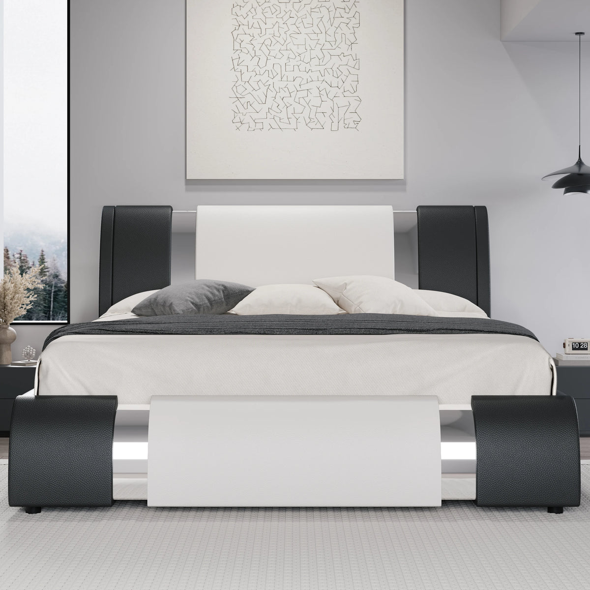 HOOMIC Modern Faux Leather Bed Frame with Iron Pieces Decor, Low Profile Platform Bed with Height-Adjustable Headboard Pet and Home Outlet