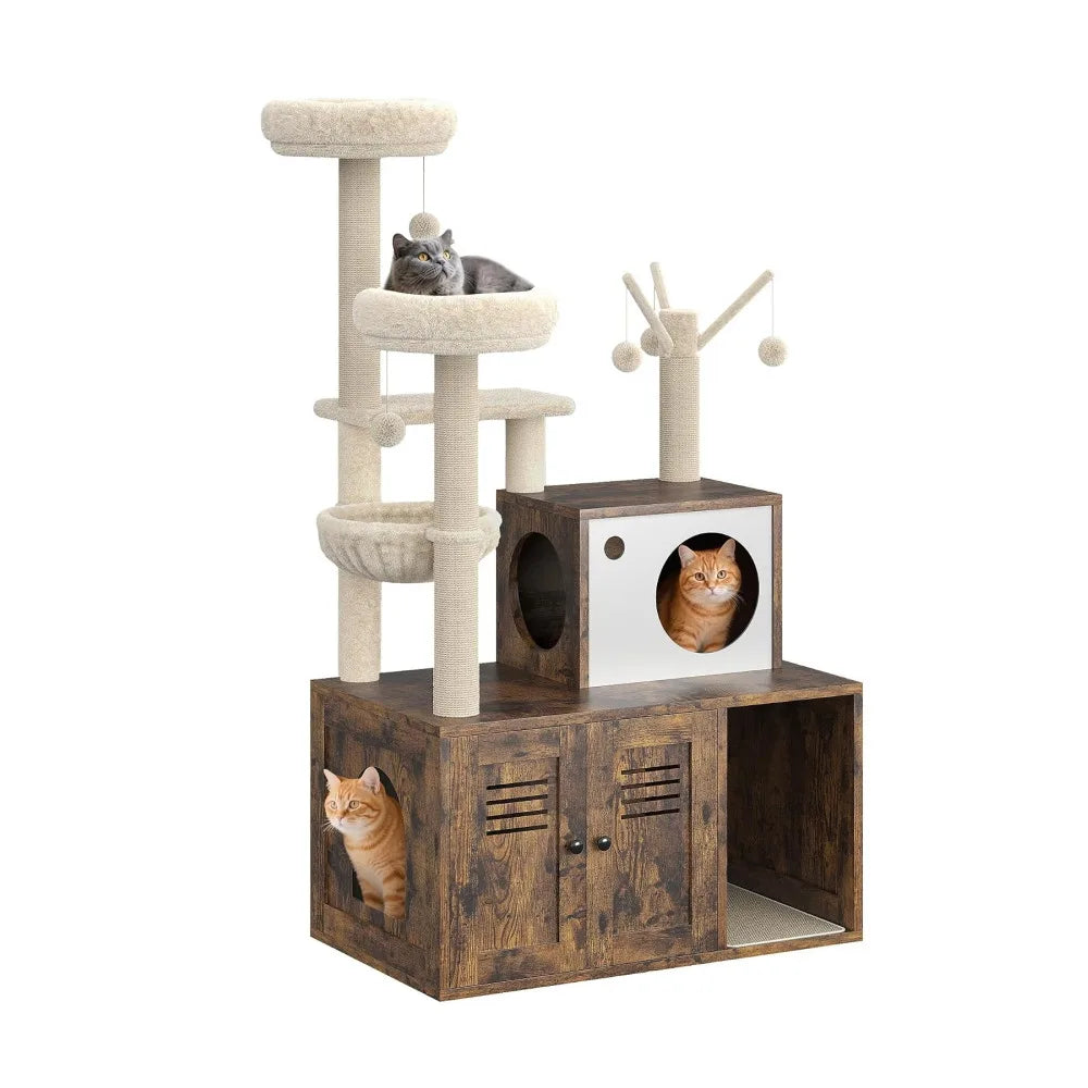 Modern Cat Tower With Hidden Litter Box And Cozy Perches