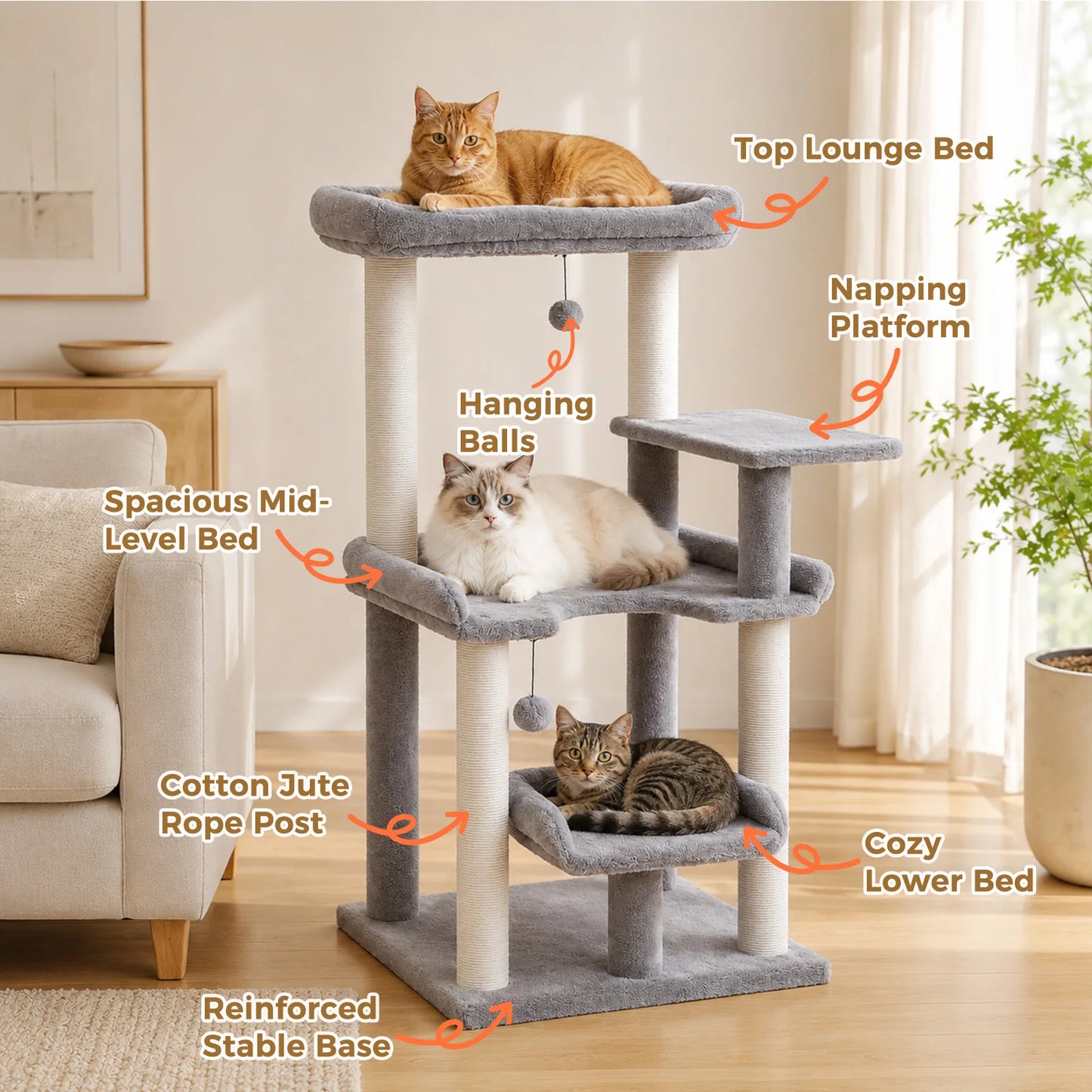 PAWZ Road Multilevel Cat Tree With Sisal Posts And Perch