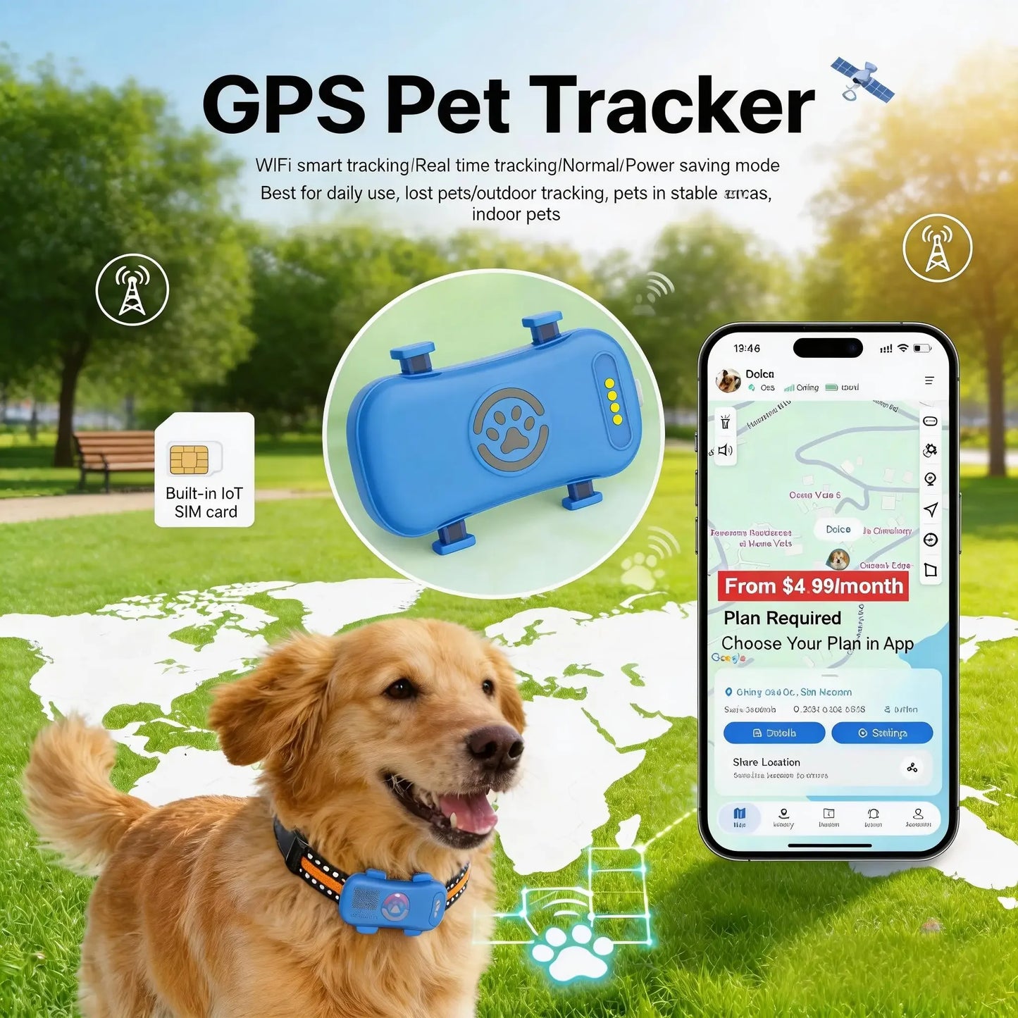 WANWAYTECH GPS Pet Tracker 4G Real Time Tracking IP67 Waterproof