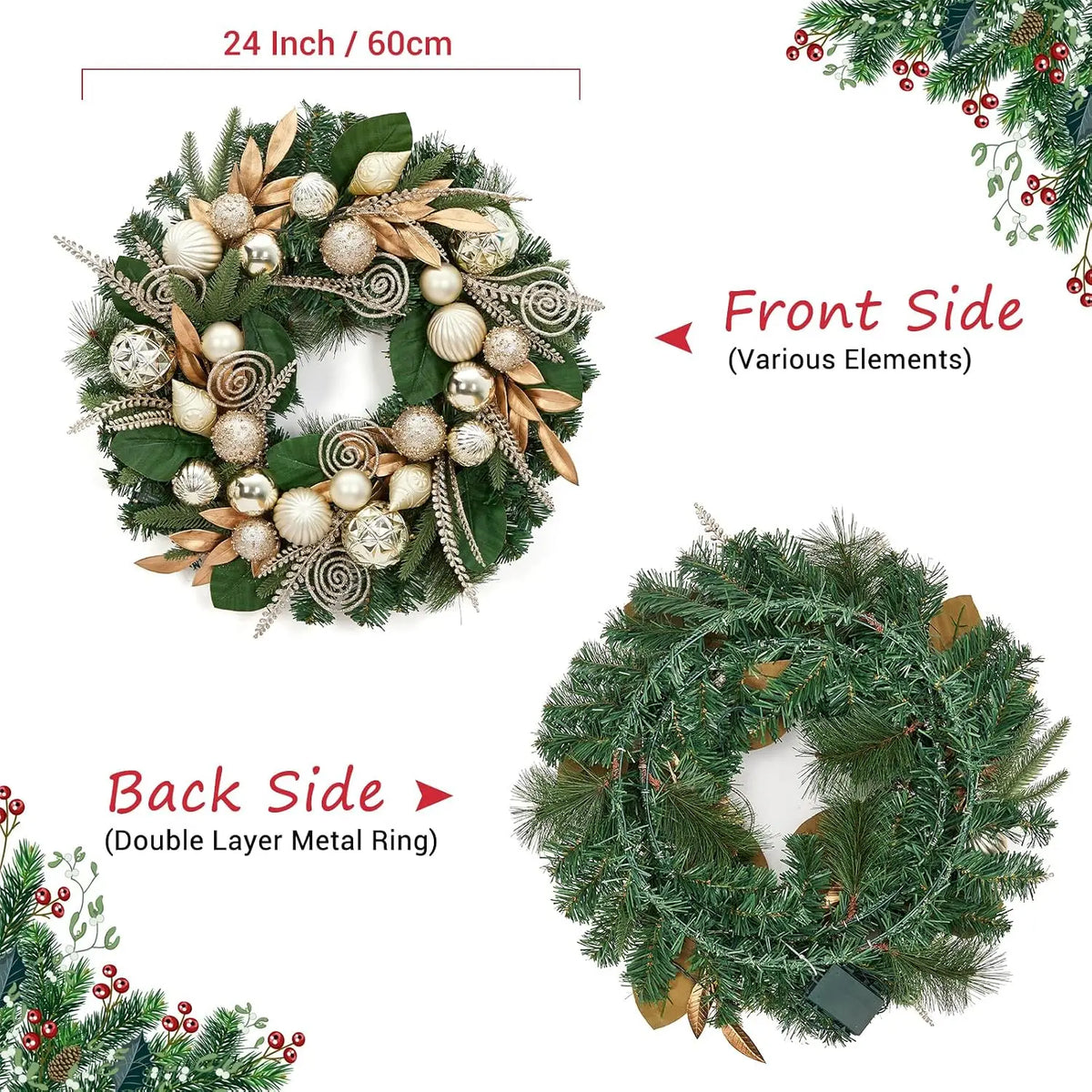 Garvee 24 Inch Christmas Wreath Artificial Xmas Garland with 20 LED Lights and Gold Leaves, Balls and Ornaments Door Wall Hanging Winter Holiday Party Decoration for Fireplace, Window Pet and Home Outlet