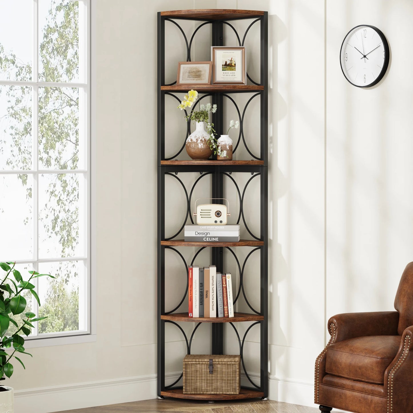 Tribesigns 6 Tier Rustic Corner Bookshelf Tall Storage Rack