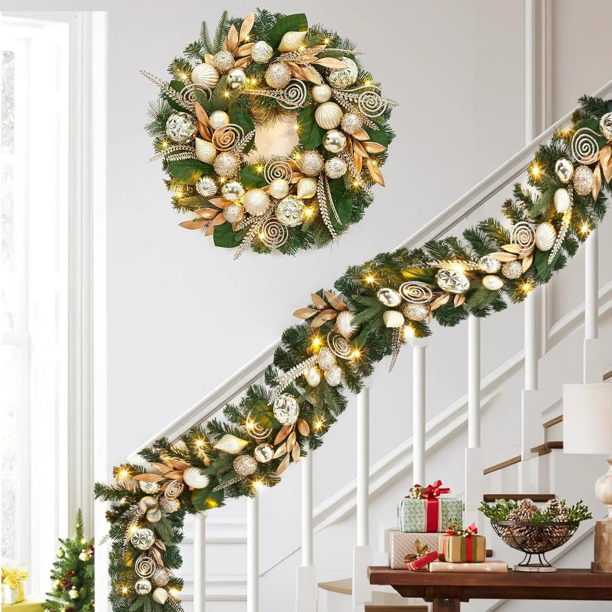 Garvee 24 Inch Christmas Wreath Artificial Xmas Garland with 20 LED Lights and Gold Leaves, Balls and Ornaments Door Wall Hanging Winter Holiday Party Decoration for Fireplace, Window Pet and Home Outlet