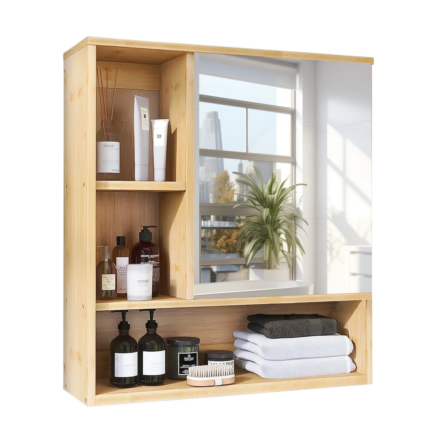 Wisfor Bamboo Wall Mounted Bathroom Cabinet With Mirror Storage