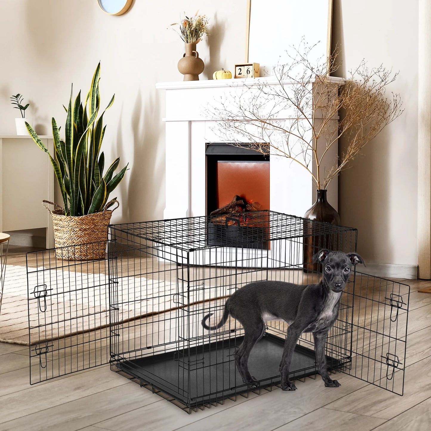 JHK Double Door Folding Metal Dog Kennel Leakproof Tray