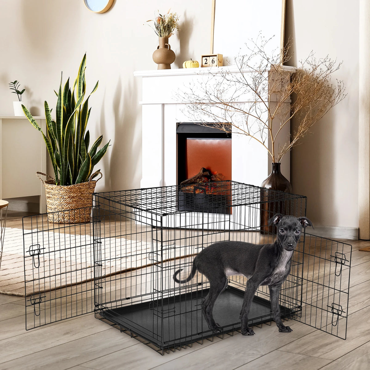 JHK Double Door Folding Metal Dog Kennel Leakproof Tray Pet and Home Outlet