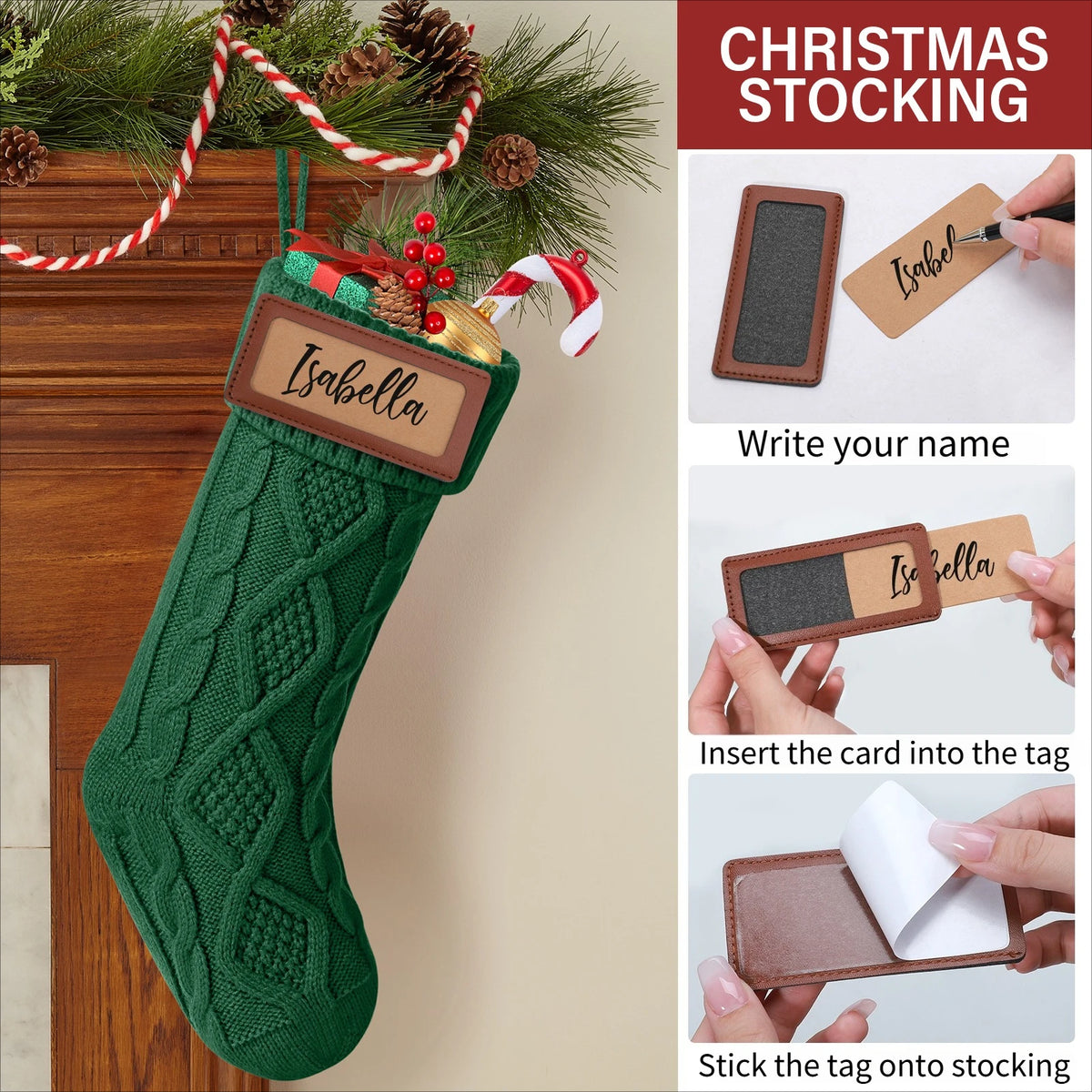 6 Pack Christmas Stockings, Personalized Cable Knit Christmas Stocking with Wooden Name Tag, Family Hanging Xmas Stocking for Fireplace Mantel Indoor Holiday Party Decoration Pet and Home Outlet