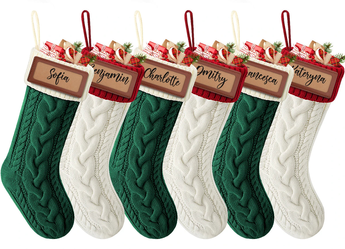 6 Pack Christmas Stockings, Personalized Cable Knit Christmas Stocking with Wooden Name Tag, Family Hanging Xmas Stocking for Fireplace Mantel Indoor Holiday Party Decoration Pet and Home Outlet