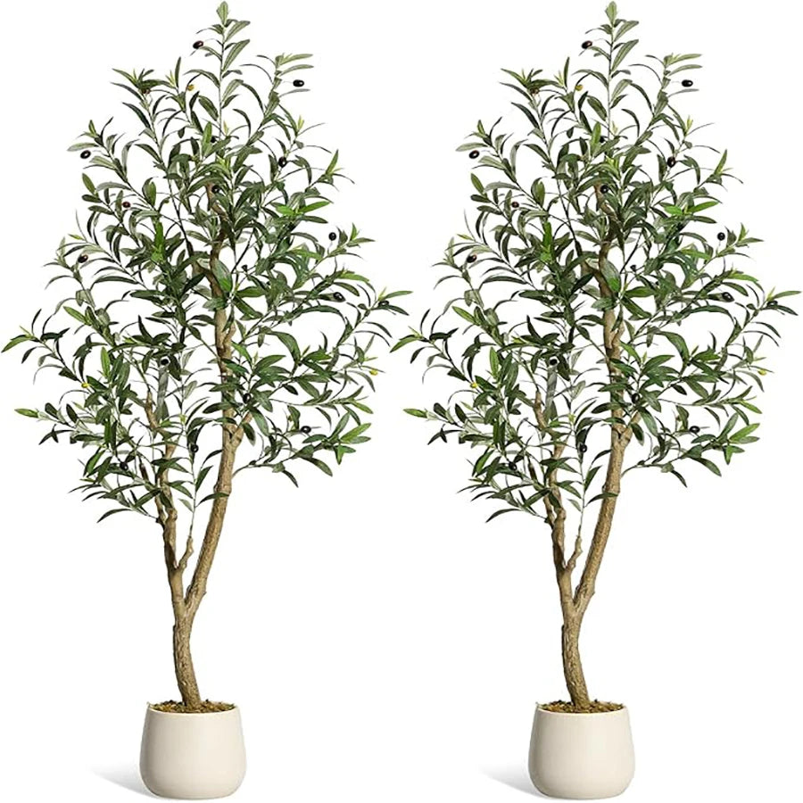 Olive Trees Artificial Indoor, 5-7ft Tall Faux Silk Plant - Fake Potted Tree with White Planter, Artificial Plants for Home Offi Pet and Home Outlet