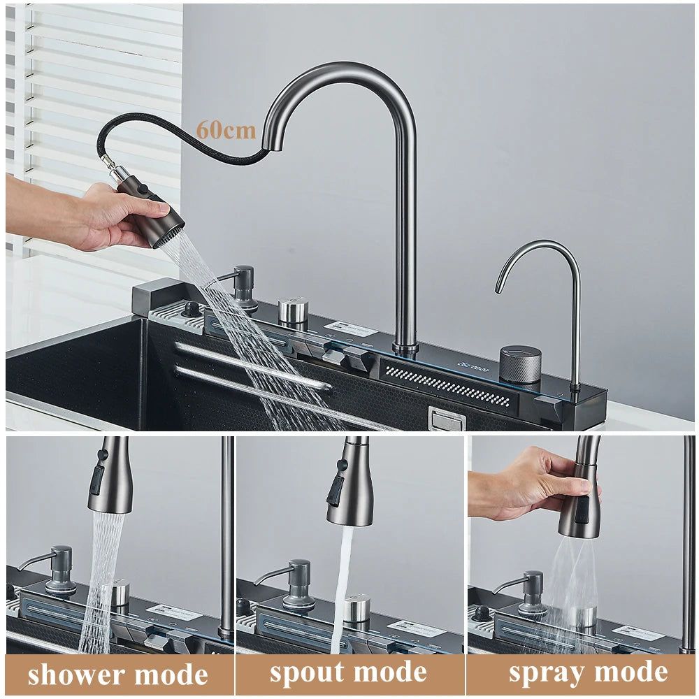 304 Stainless Steel Kitchen Waterfall Sink With Digital Display Faucet