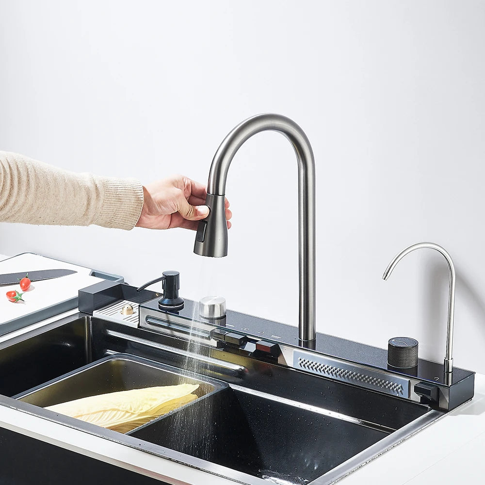 304 Stainless Steel Kitchen Waterfall Sink With Digital Display Faucet
