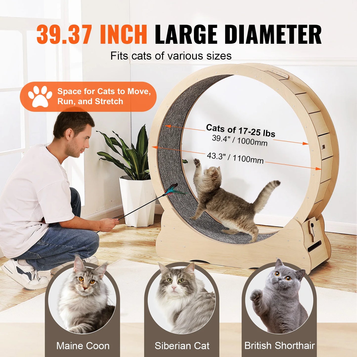 Indoor Wooden Cat Exercise Wheel With Detachable Carpet Teaser Attachment