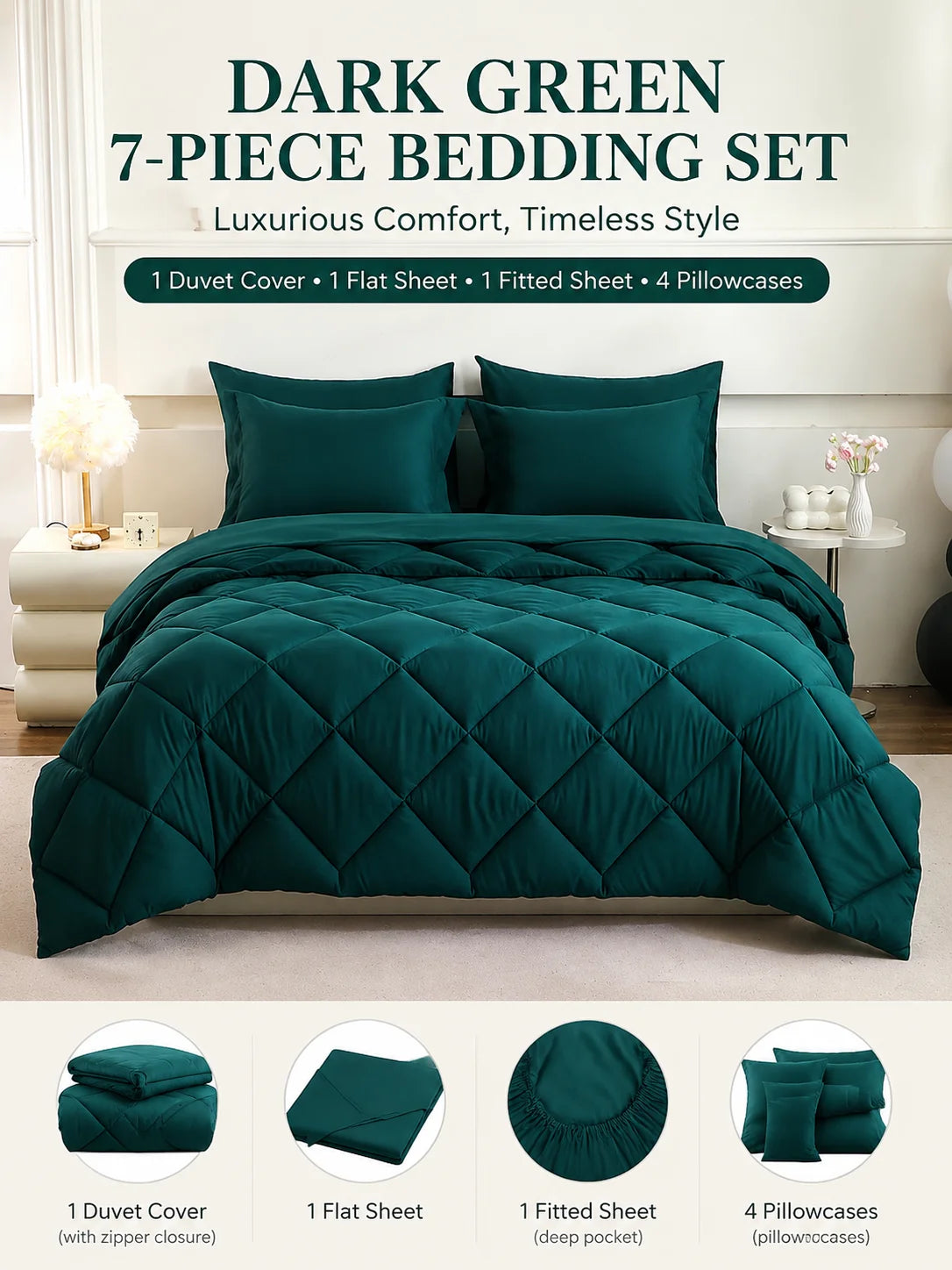 easYum 7-Piece Bedding Set Comforter Flat And Fitted Sheets