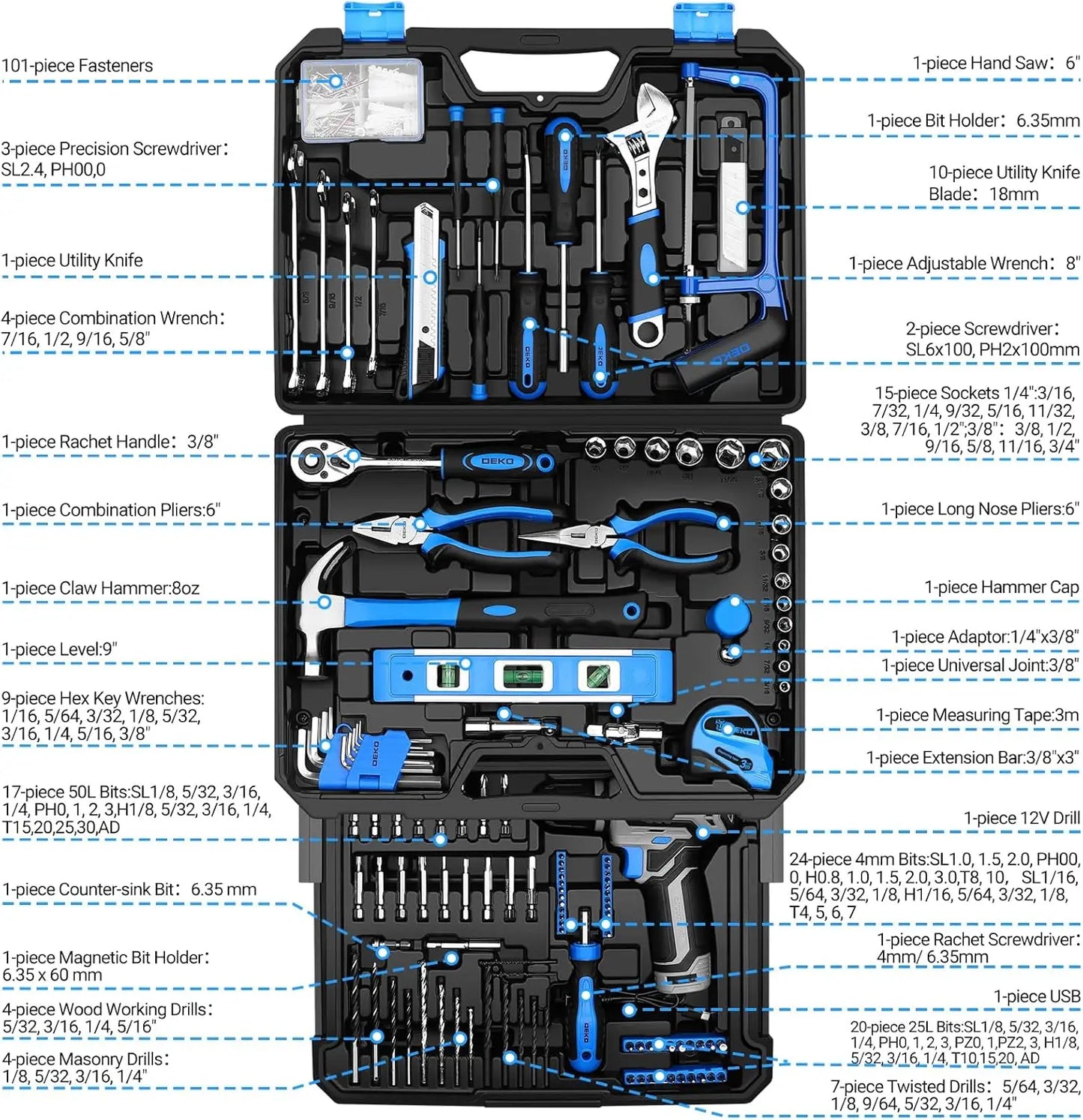 DEKO Home Mechanic Toolbox With 12V Cordless Drill Tool Set