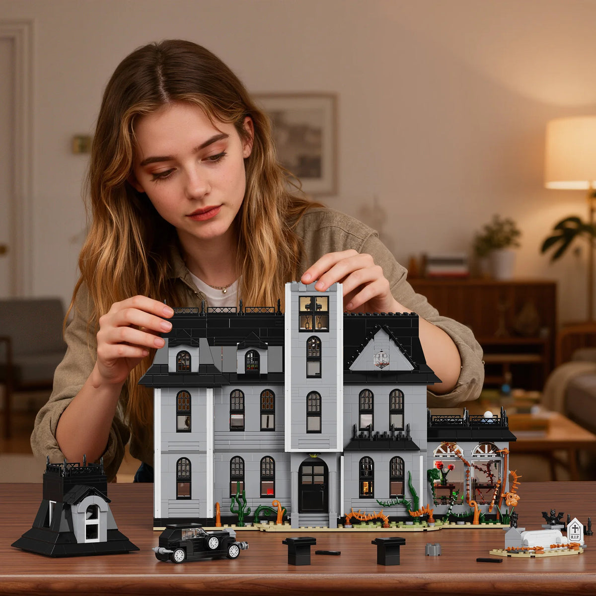 Gothic House Building Blocks Set Nightfall Manor Architecture Bricks Creative Home Decoration Desktop Ornament Halloween Gift for Adults Pet and Home Outlet