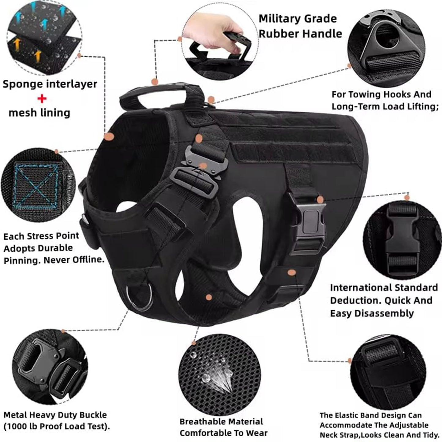 Tactical Padded Nylon Dog Harness Vest With Leash And Collar