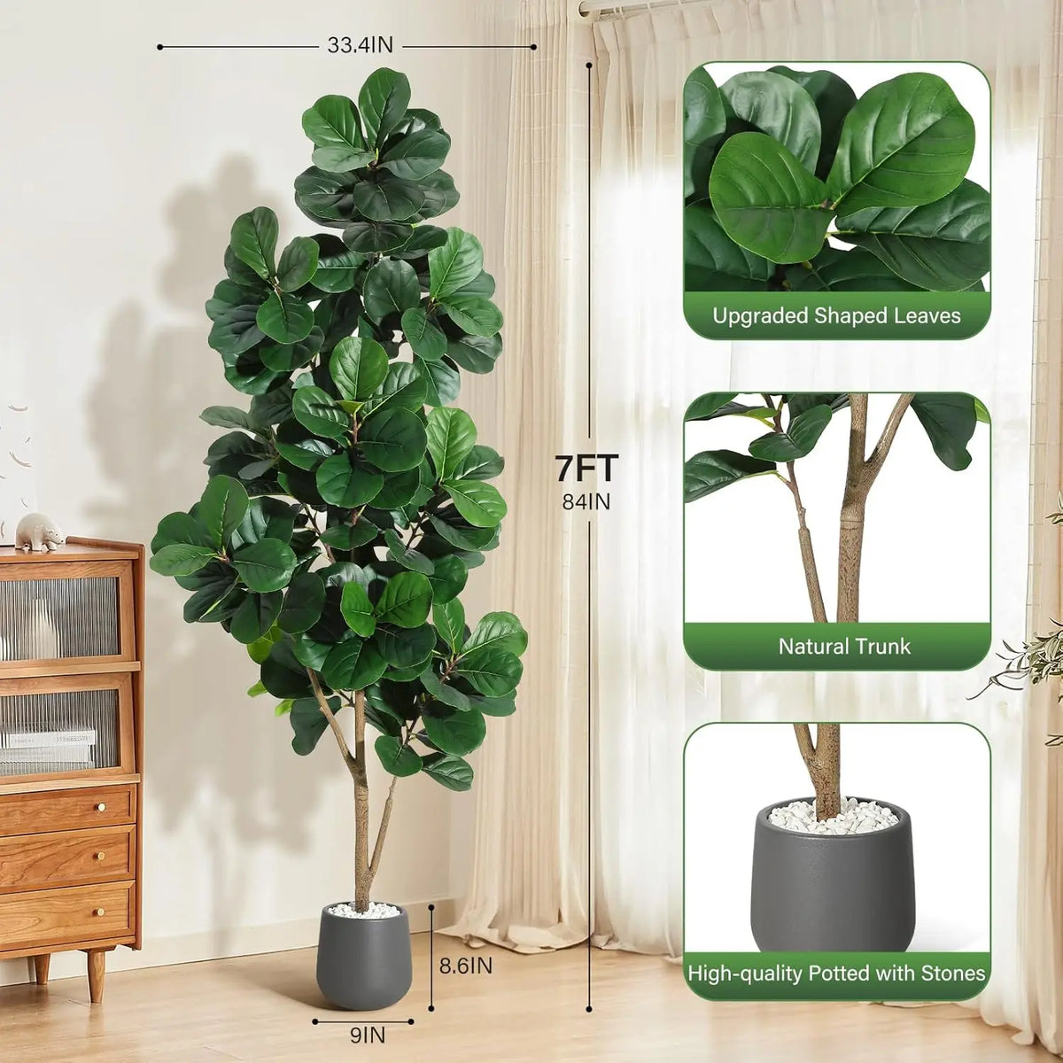 4FT/5FT/6FT/7FT Fiddle Leaf Fig Tree Artificial with Leaves, Realistic Faux Ficus Lyrata Trees in White Planter Pot, Home Decor Pet and Home Outlet