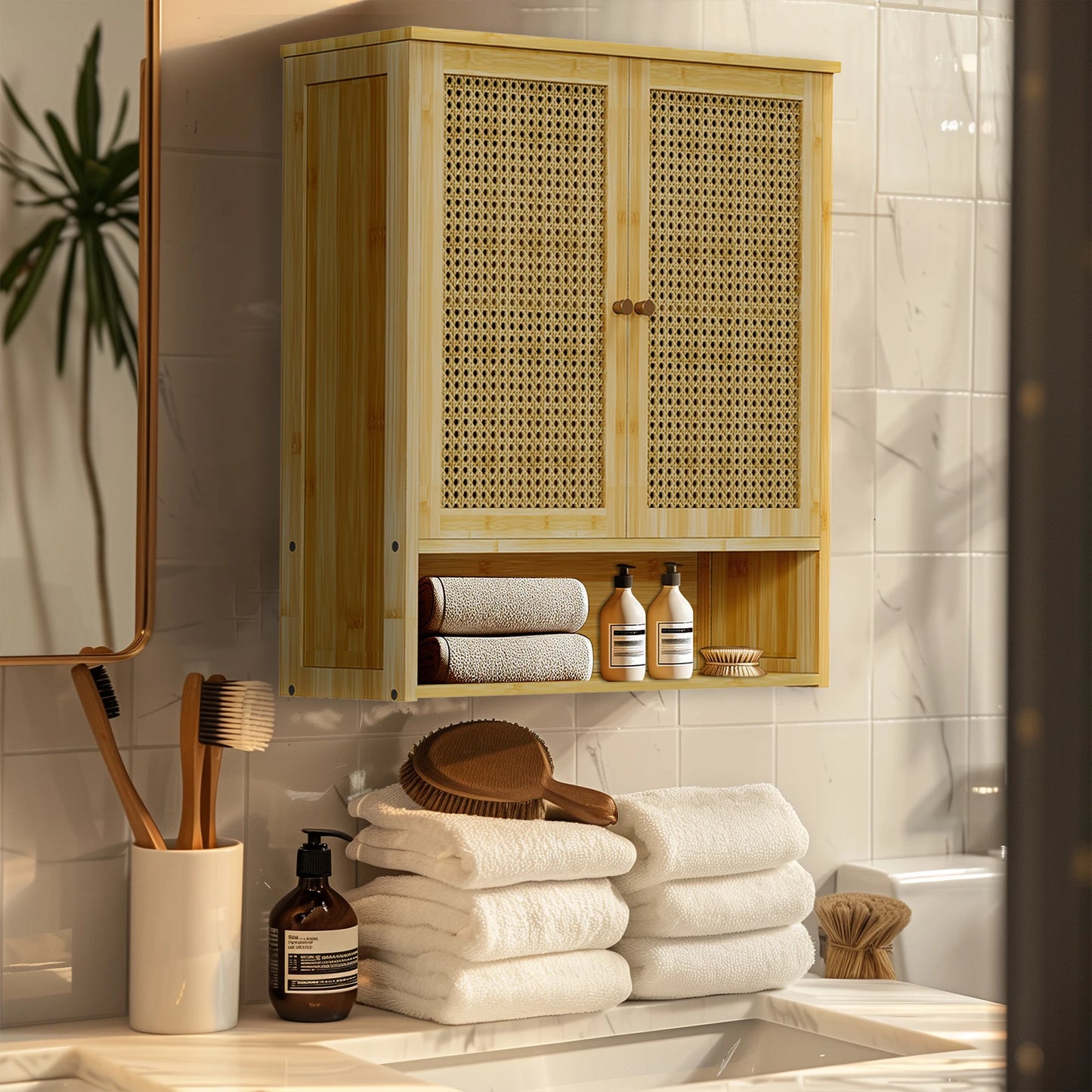 Bamboo Over Toilet Wall Cabinet Three Shelves Bathroom Storage