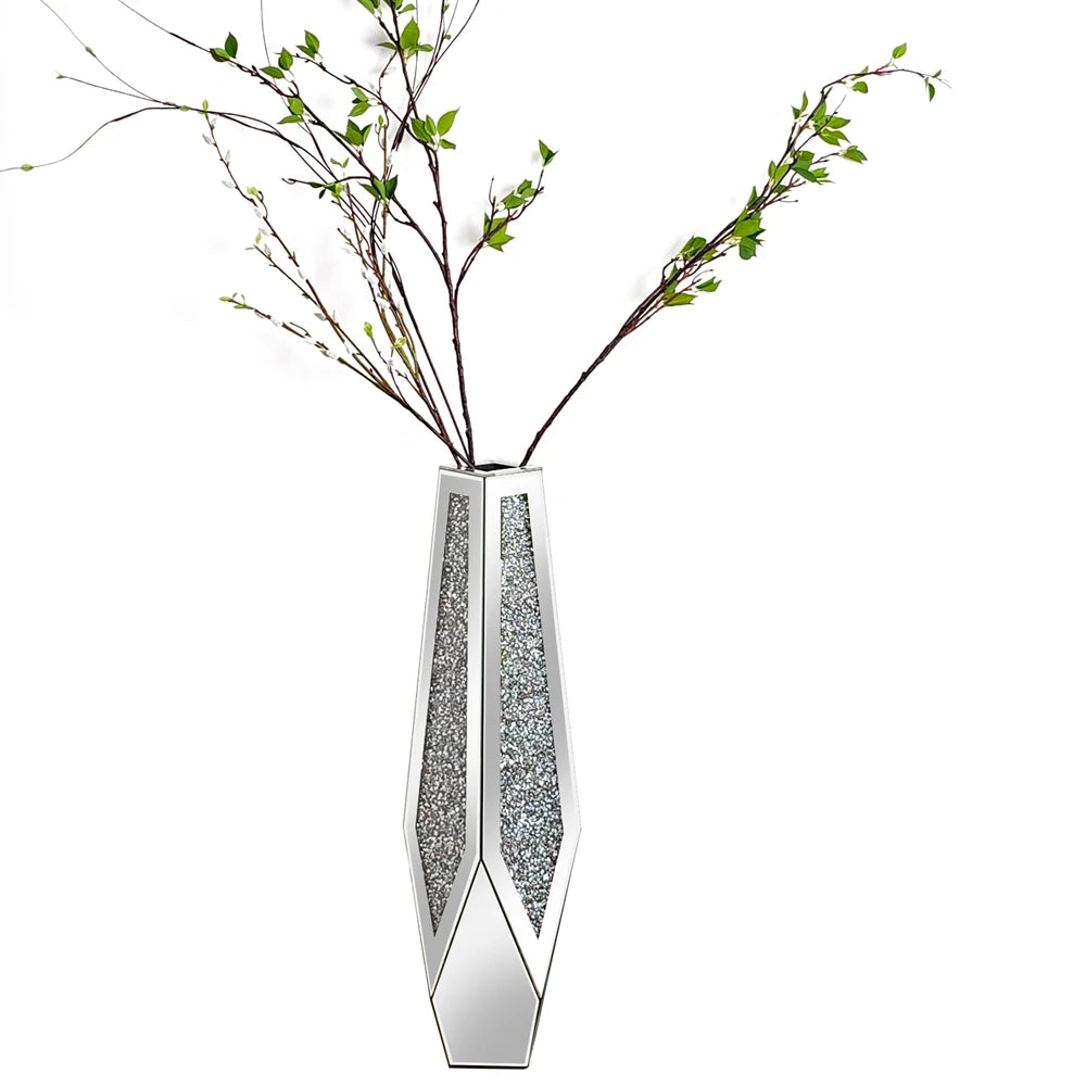 Crushed Diamond Mirrored Floor Vase Silver Floral Arrangement