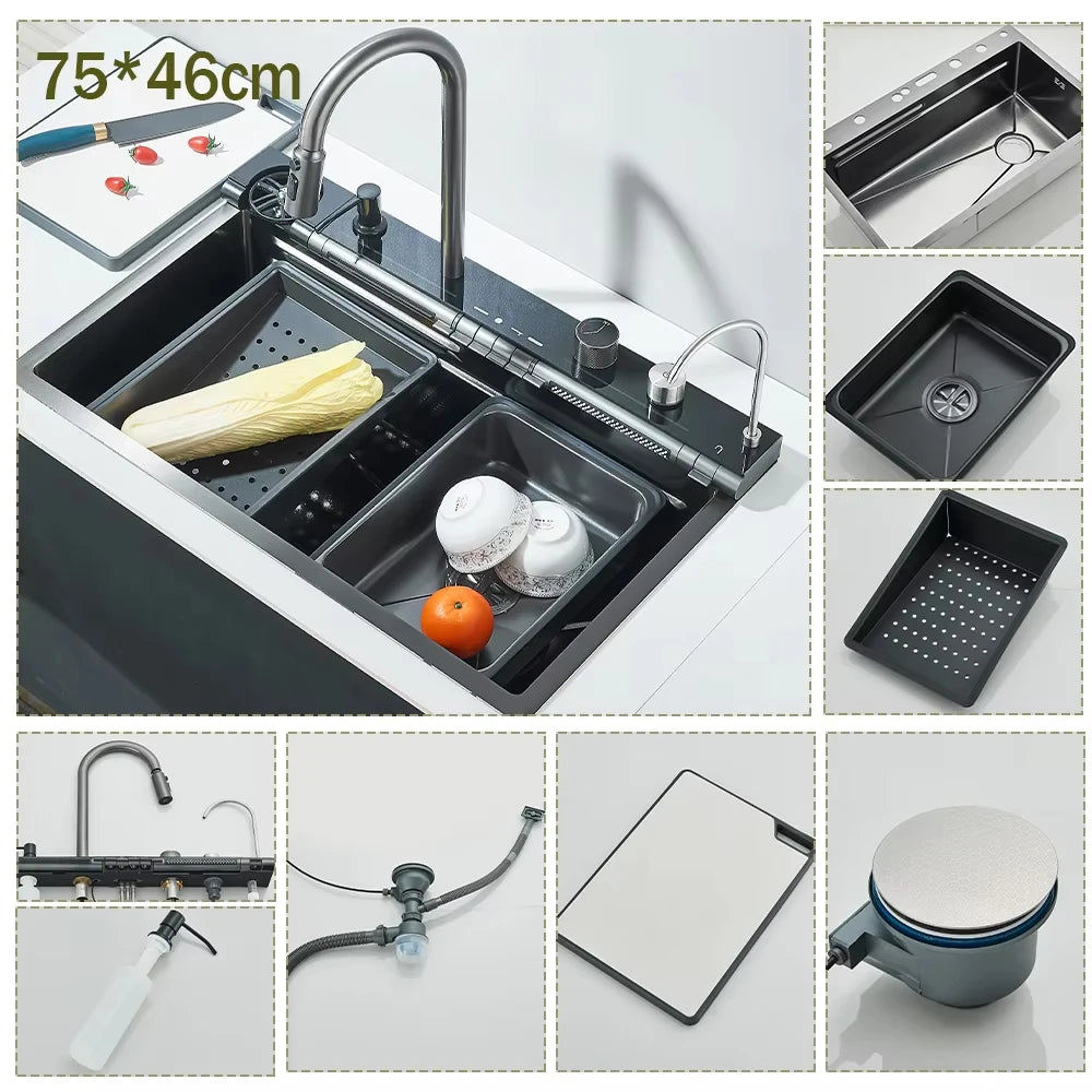 304 Stainless Steel Kitchen Waterfall Sink With Digital Display Faucet