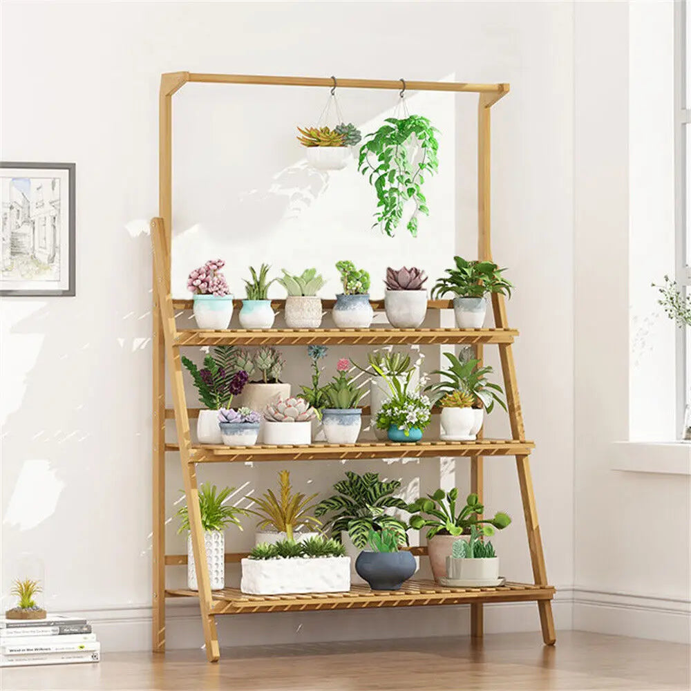 Bamboo Folding Plant Stand 3 Tier Indoor Outdoor Use