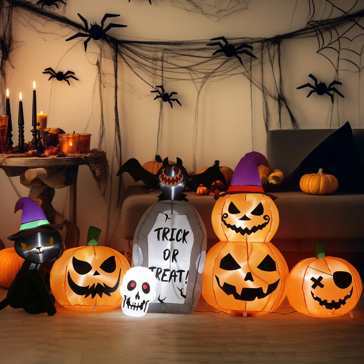 8ft Halloween Pumpkin Black Cat Tombstone Inflatable Yard Decor With Led Lights, Blow Up Outdoor Decoration For Lawn Garden Porch Party Pet and Home Outlet