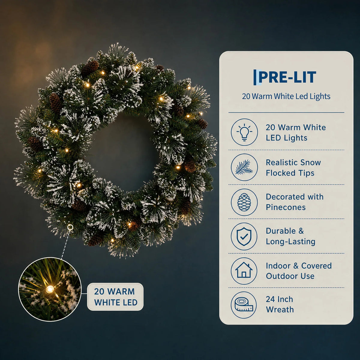 24 Inch Pre-Lit Christmas Wreath with 20 Warm White LED Lights, Snowy Pine Cones, Battery Operated, Front Door Indoor Outdoor Pet and Home Outlet