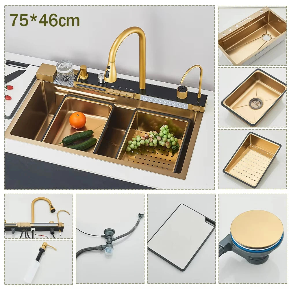 304 Stainless Steel Kitchen Waterfall Sink With Digital Display Faucet