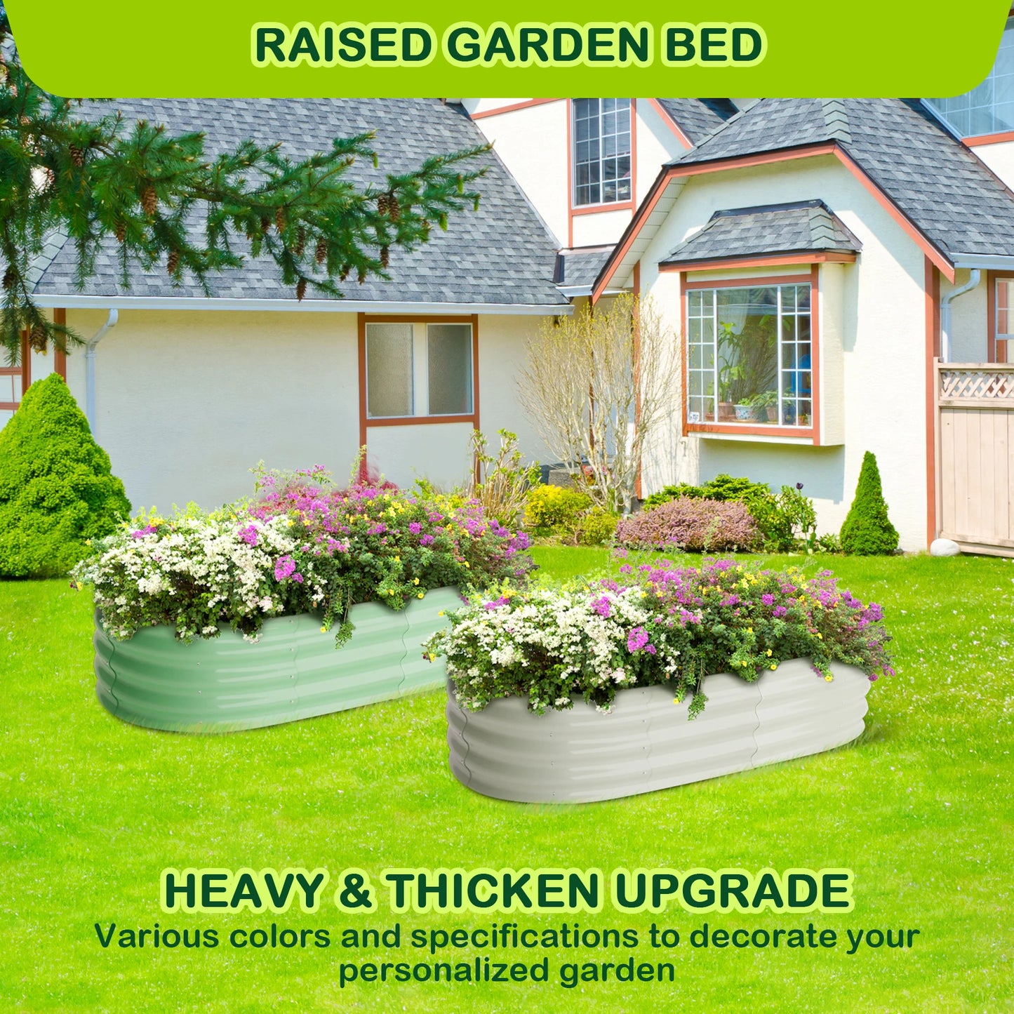 HiMISS Oval Galvanized Raised Garden Bed Outdoor Planter Two Piece