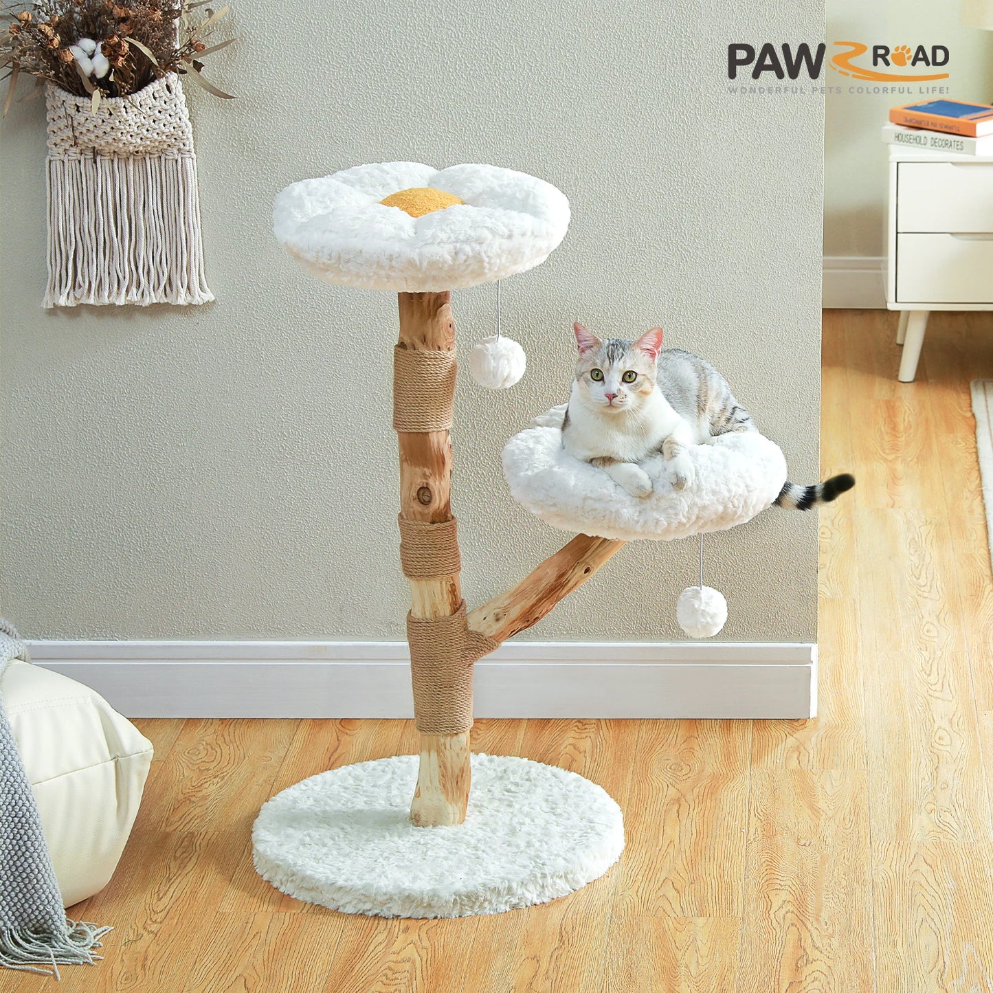 PAWZ Road Modern Cat Tree Tower With Natural Wood Scratching Posts