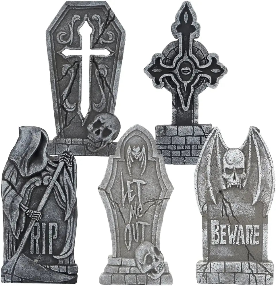 17" Halloween Decorations Outdoor Tombstones 5 Pack Halloween Graveyard Foam Headstones Decor with 12 Metal Stakes for Prop Cemetery Yard Lawn Decorations, Party Supplies Pet and Home Outlet