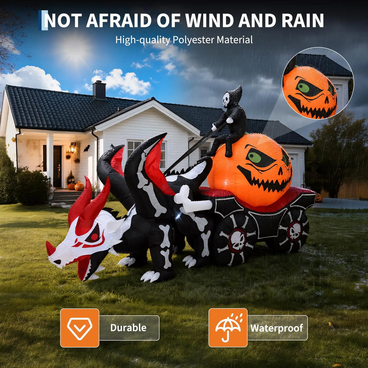12ft Grim Reaper Dragon Carriage Halloween Inflatable With 3 Led Lights, Outdoor Yard Decoration For Lawn Porch Garden Party Display Pet and Home Outlet