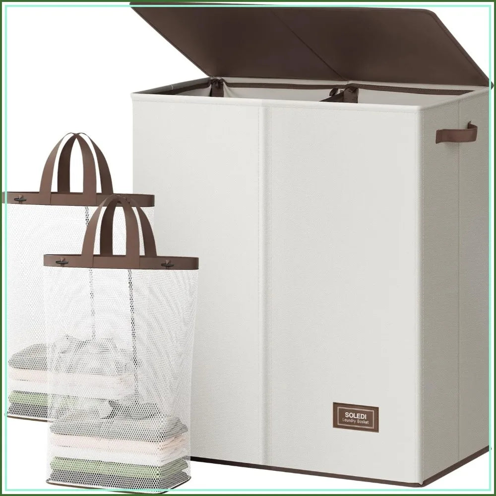 Two-Section Collapsible Laundry Hamper With Lid And Removable Bags
