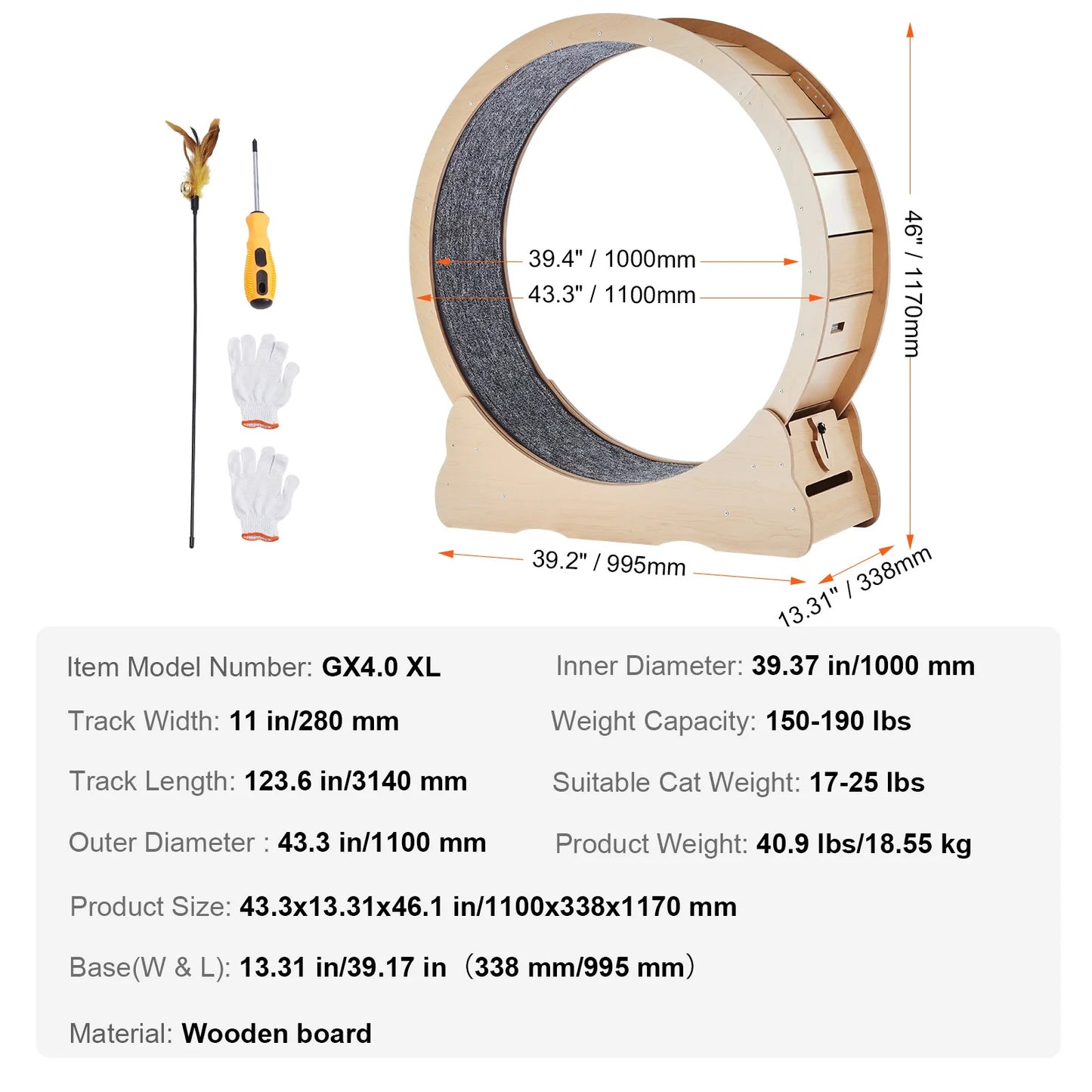 Indoor Wooden Cat Exercise Wheel With Detachable Carpet Teaser Attachment