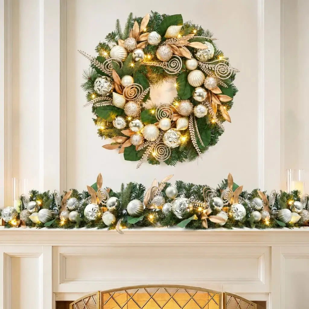 Garvee 24 Inch Christmas Wreath Artificial Xmas Garland with 20 LED Lights and Gold Leaves, Balls and Ornaments Door Wall Hanging Winter Holiday Party Decoration for Fireplace, Window Pet and Home Outlet