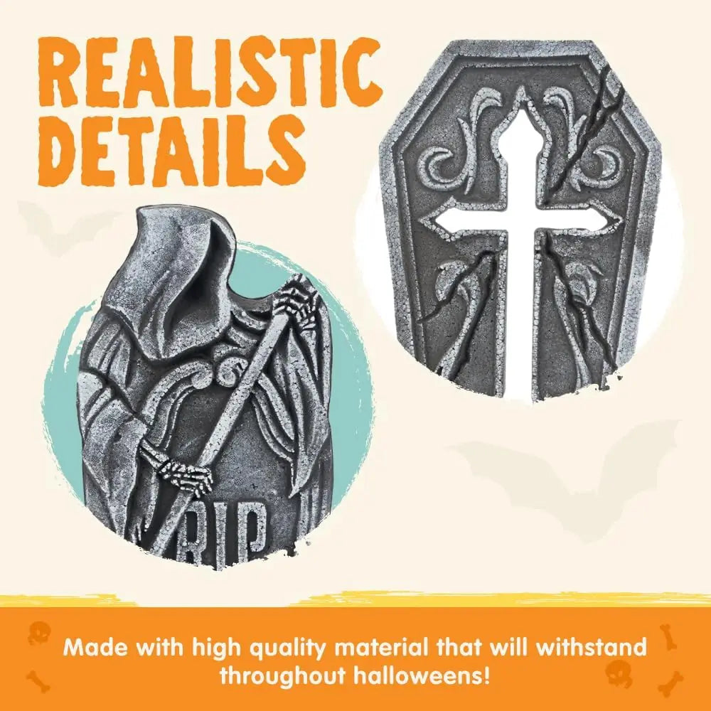 17" Halloween Decorations Outdoor Tombstones 5 Pack Halloween Graveyard Foam Headstones Decor with 12 Metal Stakes for Prop Cemetery Yard Lawn Decorations, Party Supplies Pet and Home Outlet